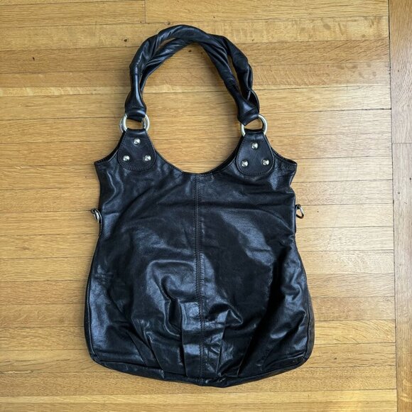 Nordstrom Made in Italy Black Genuine Leather Silver Hardware Tote Shoulder Bag - Picture 4 of 11